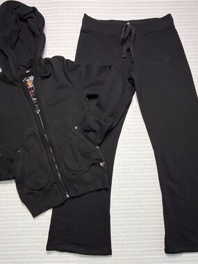 Vintage Y2K Twisted Heart Black Rhinestone Tracksuit Set